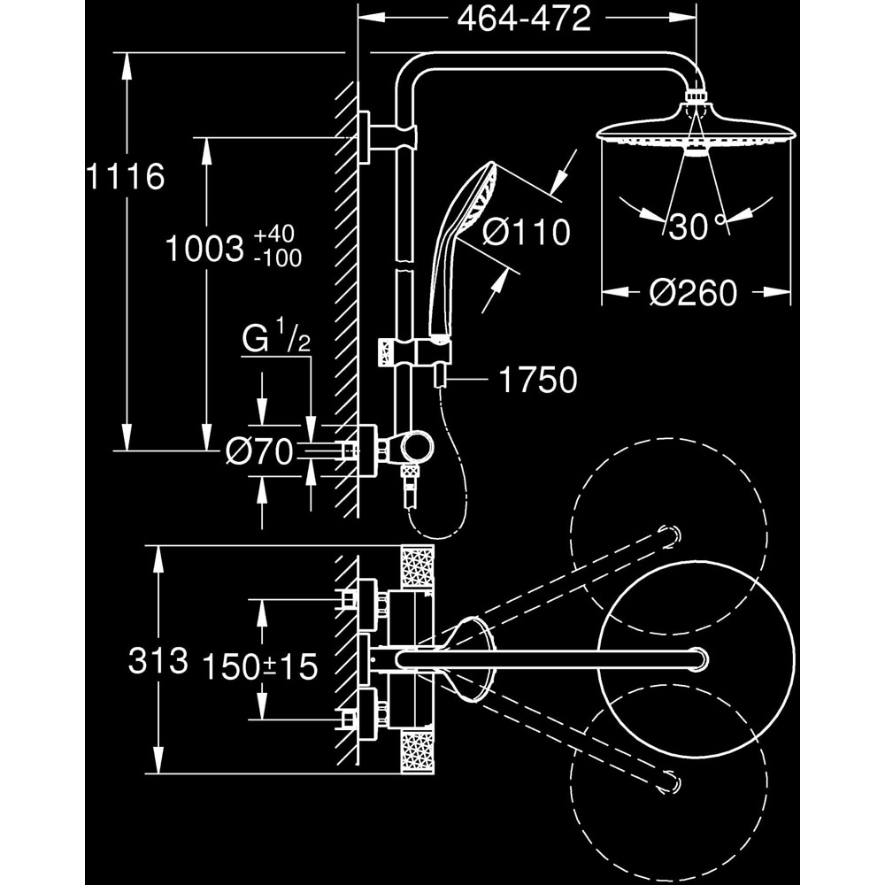 Sistem dus GROHE Vitalio Joy 260 26403KF2, termostat, 3 functii, negru