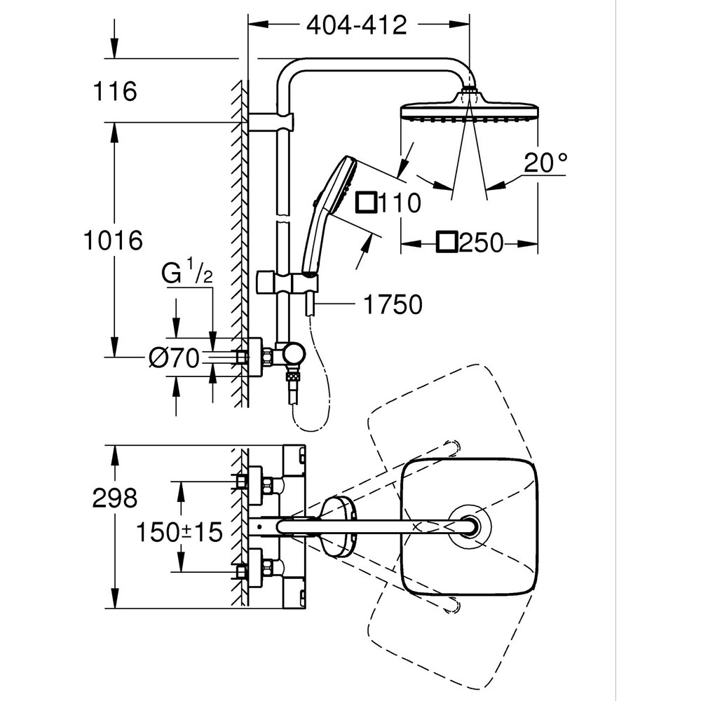 Sistem dus GROHE Vitalio Comfort 250 266962431, termostat, 2 functii, negru