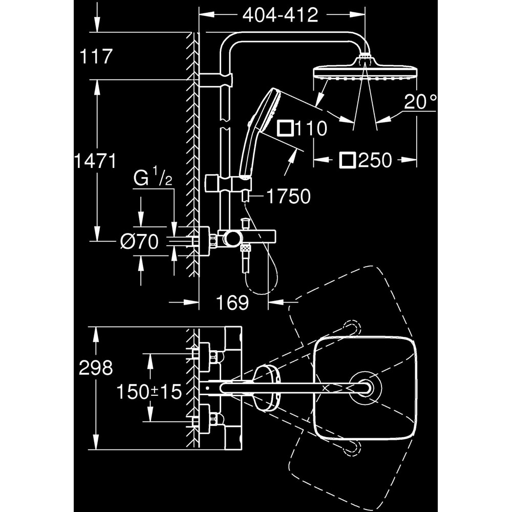 Sistem dus GROHE Vitalio Comfort 250 269842431, termostat, 2 functii, negru