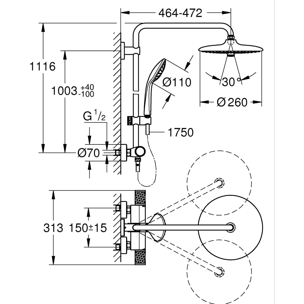 Sistem dus GROHE Euphoria 260 27615KF2, termostat, 3 functii, negru