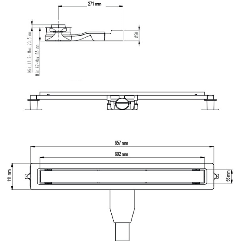 Rigola dus WIRQUIN Linear 30950224, 60 cm, inaltime reglabila, negru mat