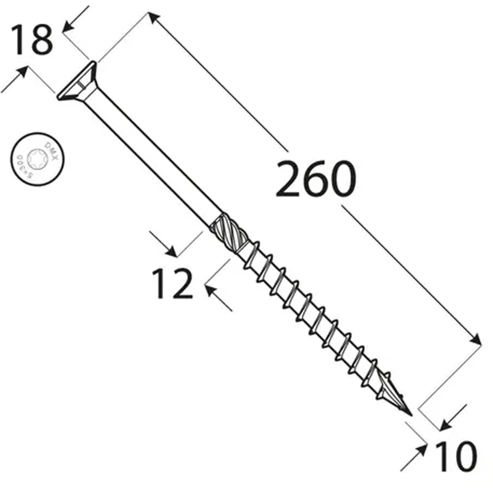 Surub lemn DOMAX, torx, otel, 10 x 260mm, 50 buc/cutie, galben