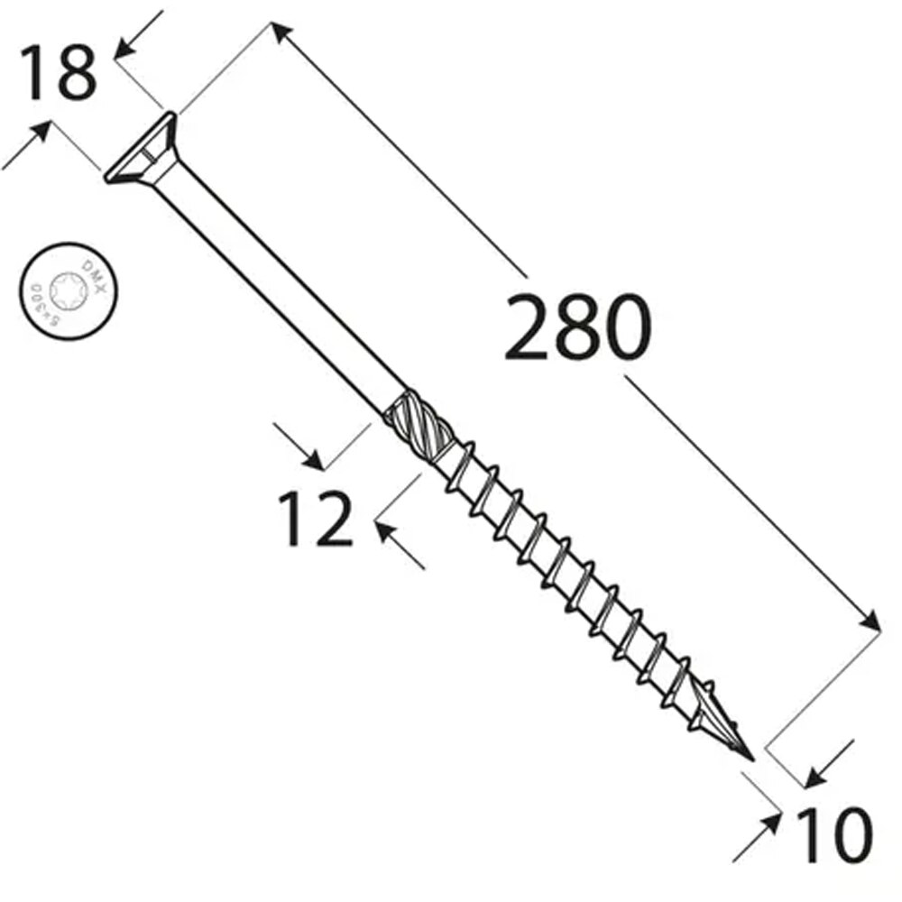 Surub lemn DOMAX, torx, otel, 10 x 280mm, 50 buc/cutie, galben