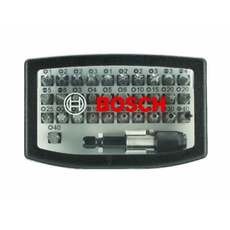 Set biti Bosch, 32 bucati, otel calitate superioara, 1/4", cu suport universal si carcasa