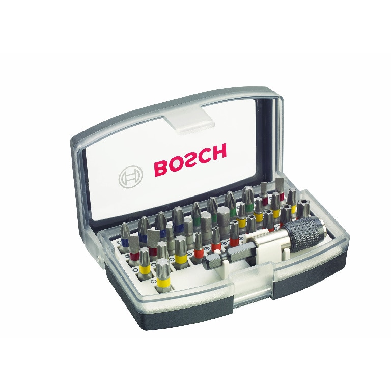 Set biti Bosch, 32 bucati, otel calitate superioara, 1/4", cu suport universal si carcasa