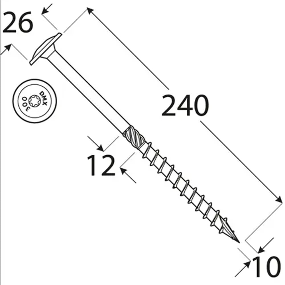 Surub lemn DOMAX, torx, otel, 10 x 240mm, 25 buc/cutie, galben