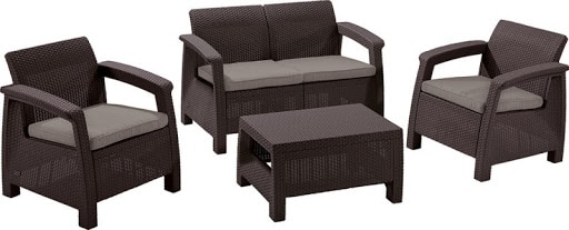 Set mobilier gradina/terasa/balcon, culoare maro, poliratan, 4 persoane, masa + 2 fotolii + canapea, include perne  Corfu II 