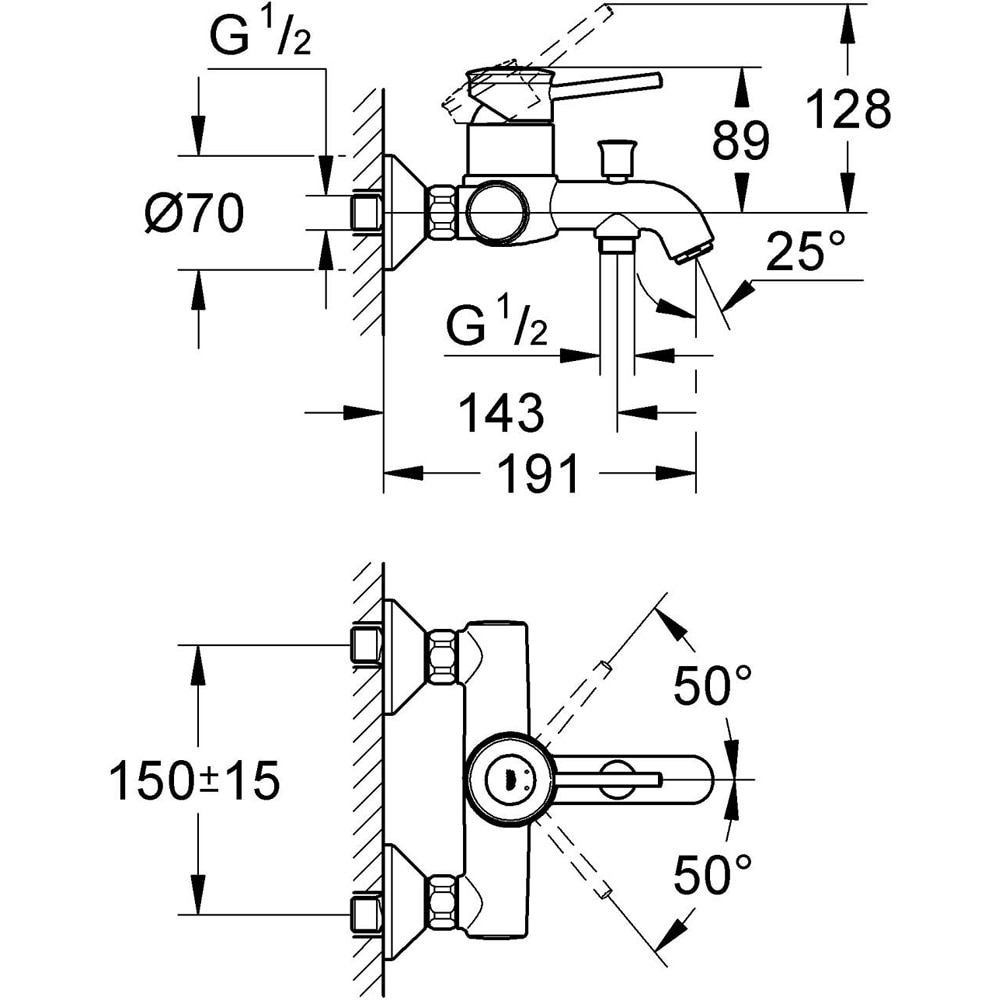 Baterie cada-dus GROHE BauClassic 32865000, aparenta, alama, crom
