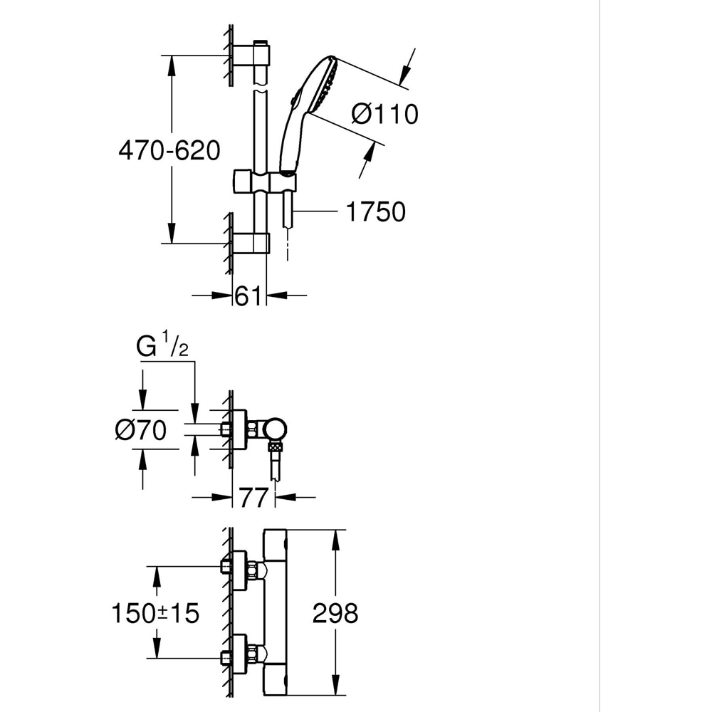 Baterie dus GROHE Grohtherm 800 34768001, aparenta, set de dus, termostat, alama, crom