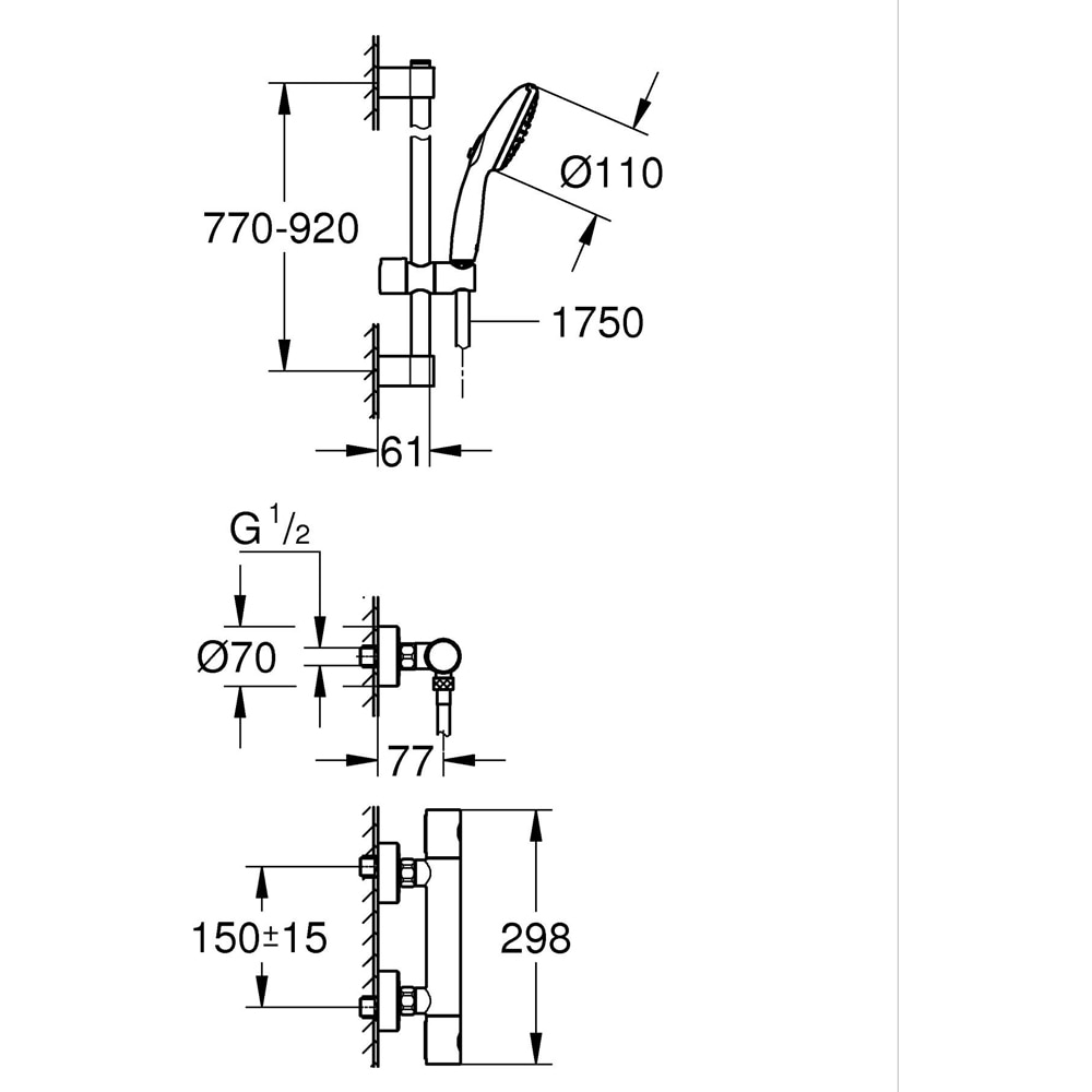 Baterie dus GROHE Grohtherm 800 34769001, aparenta, set de dus, termostat, alama, crom