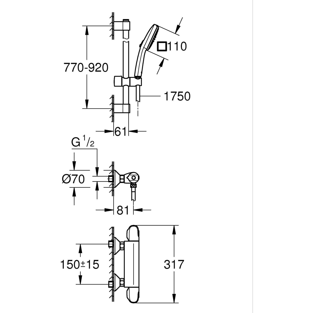 Baterie dus GROHE Grohtherm 1000 34824005, aparenta, set de dus, termostat, alama, crom