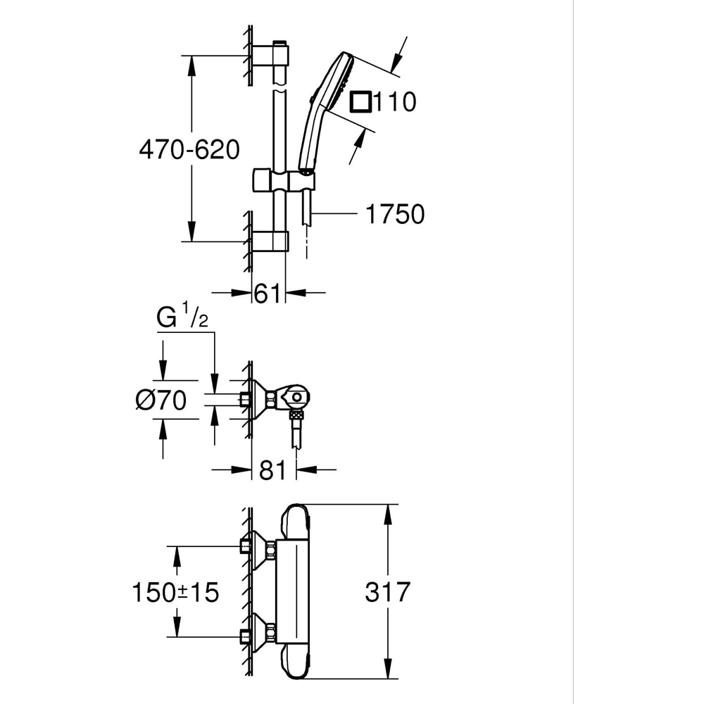 Baterie dus GROHE Grohtherm 1000 34825002, aparenta, termostat, alama, crom