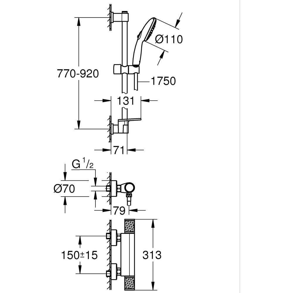 Baterie dus GROHE Precision Feel 34853001, aparenta, set de dus, termostat, alama, crom