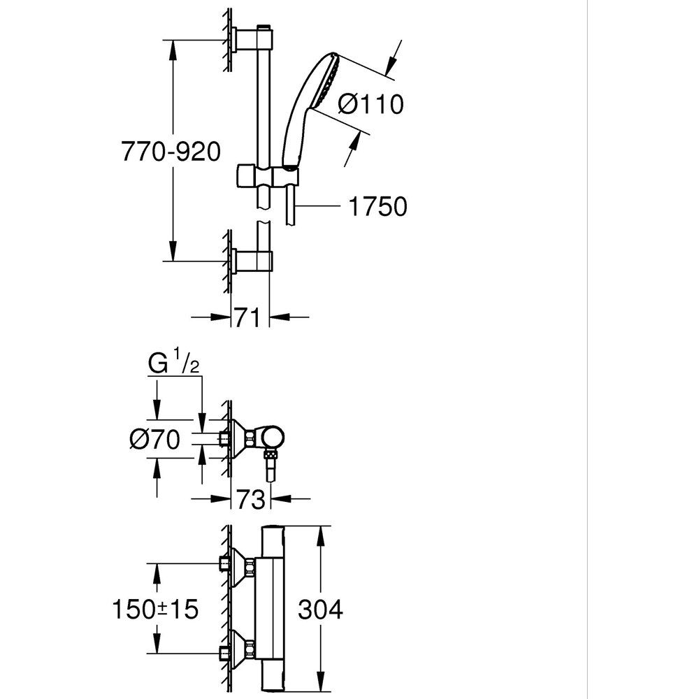 Baterie dus GROHE Precision Start 34854001, aparenta, set de dus, termostat, alama, crom