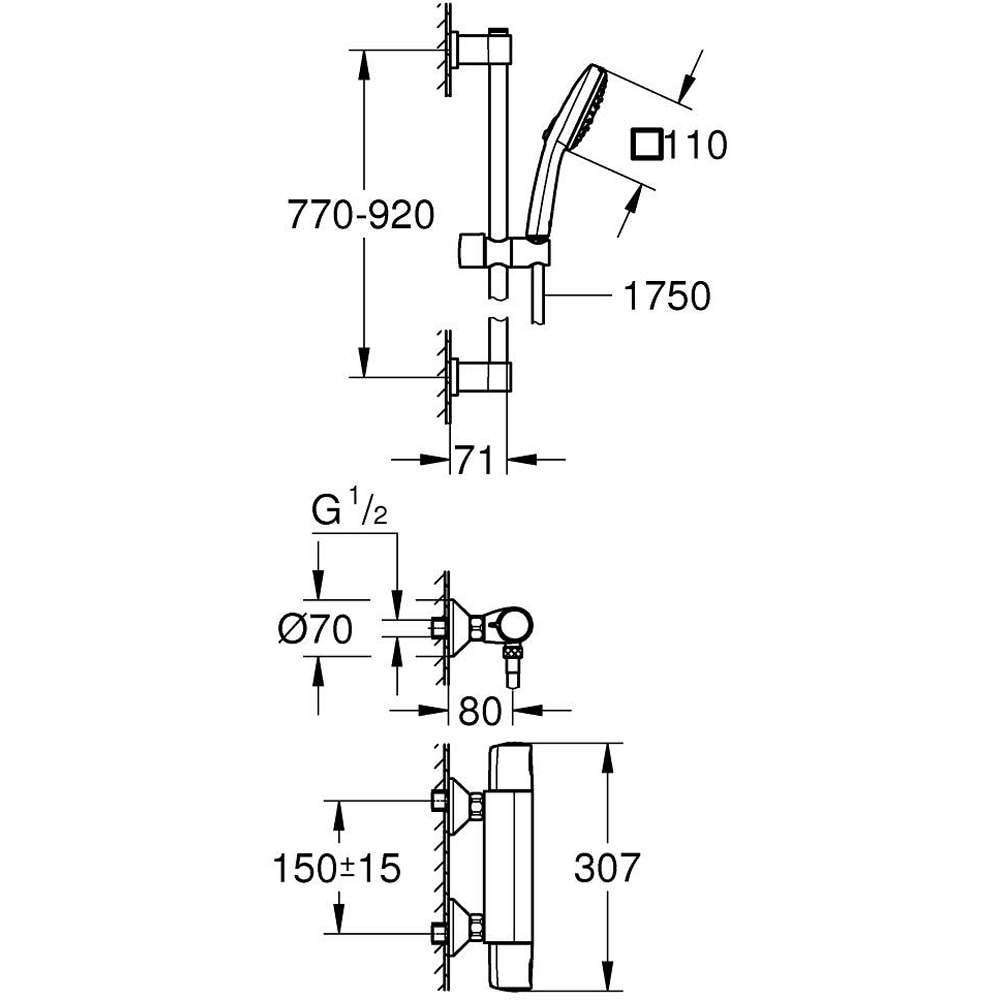Baterie dus GROHE Precision Trend 34855003, aparenta, termostat, set dus, alama, crom