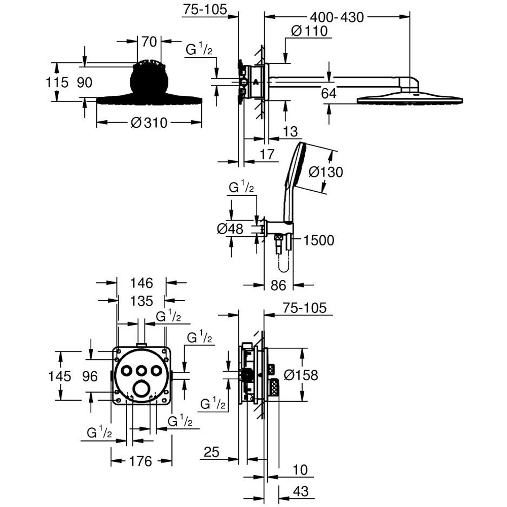 Sistem dus GROHE Grohtherm SmartControl 310 Cube 34864DL0, incastrat, termostat, 3 functii, cupru