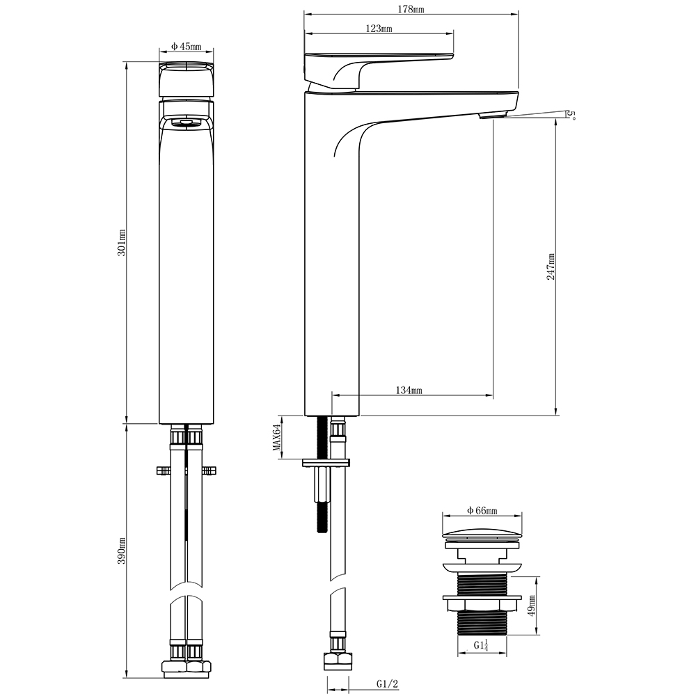 Baterie lavoar GOODHOME Cavally, inaltime 30.1 cm, alama, argintiu
