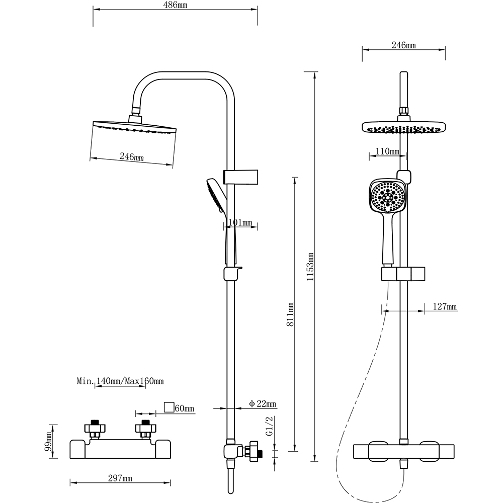Sistem dus GOODHOME Teesta, termostat, 3 functii, argintiu