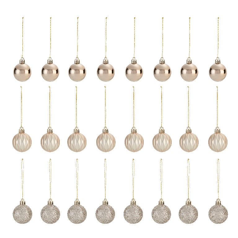 Set 24 globuri pentru brad Craciun, 4 cm, plastic, auriu sampanie