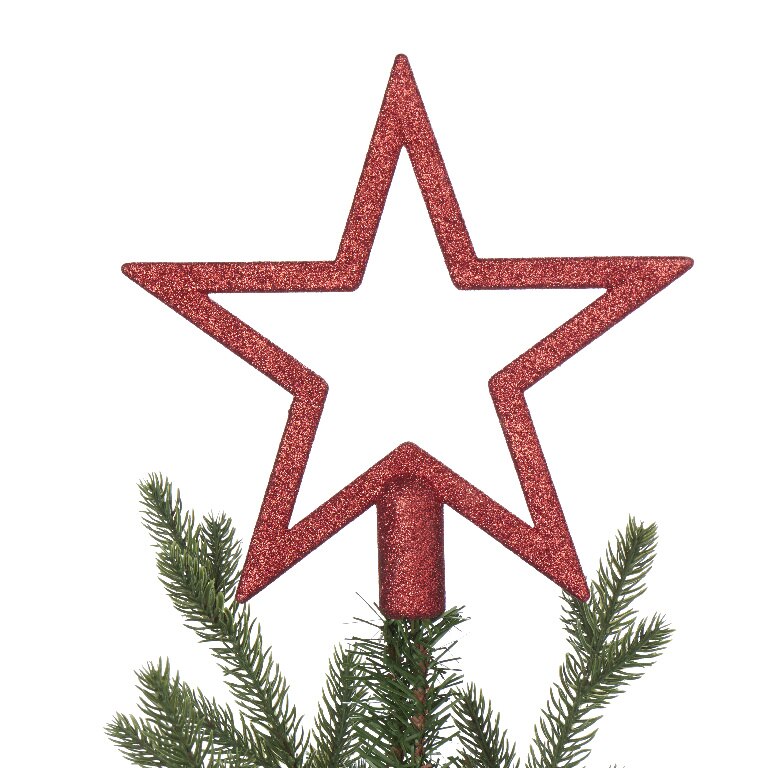 Varf de brad in forma de stea, 20 cm, plastic, rosu cu sclipici