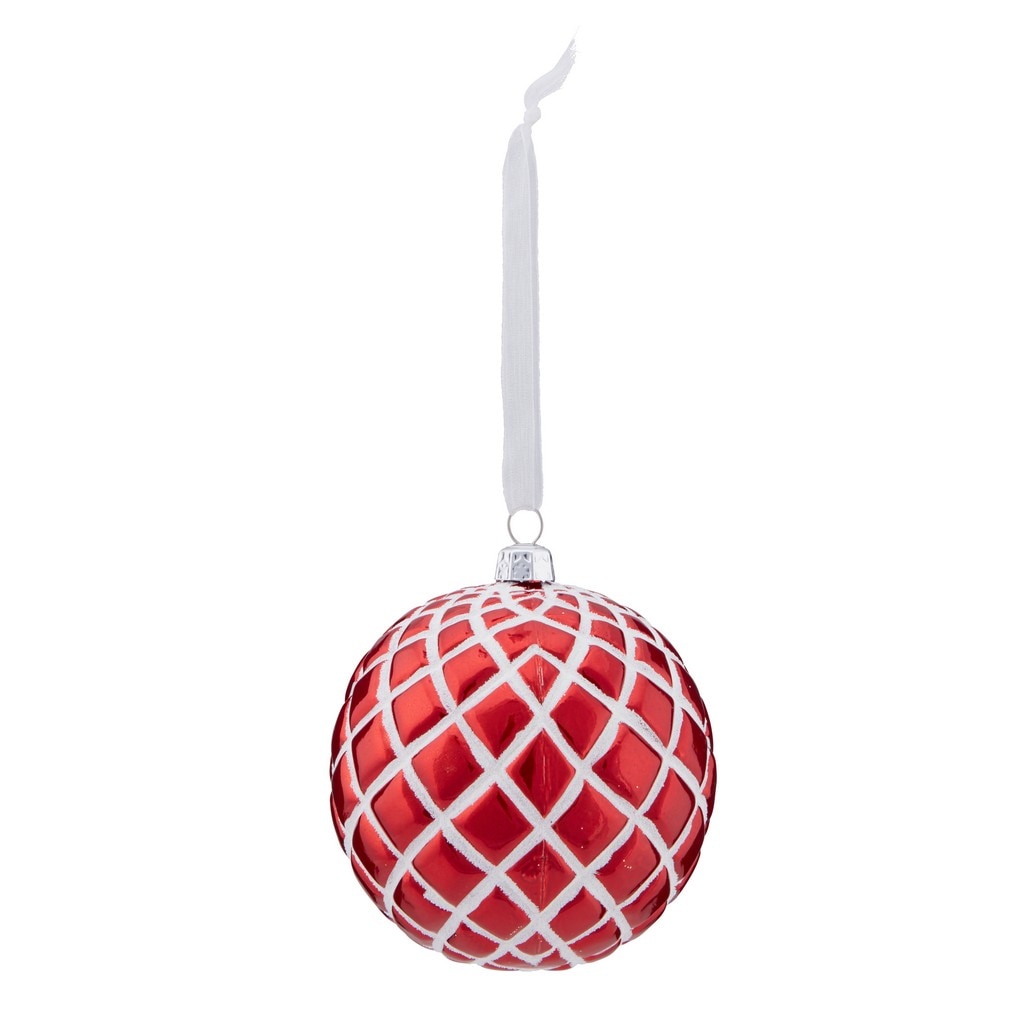 Glob pentru brad Craciun, 8 cm, sticla, rosu cu model alb