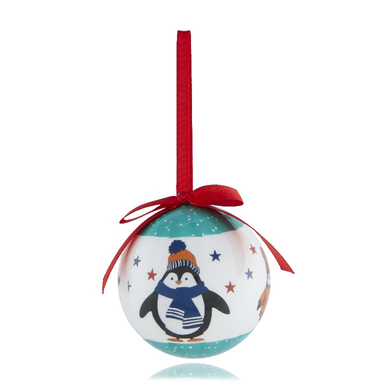 Glob Craciun model pinguin, 7.3 cm, alb-albastru