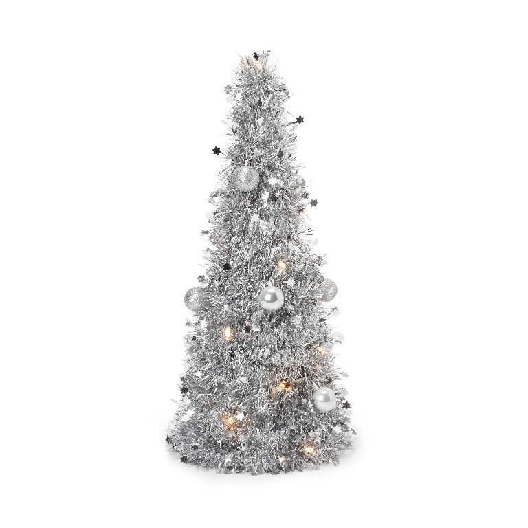 Decoratiune Mini Brad de Craciun cu beteala 20 LED-uri, 50 x 20 cm, plastic, argintiu, lumina alb cald