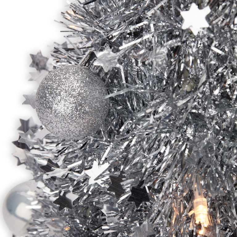 Decoratiune Mini Brad de Craciun cu beteala 20 LED-uri, 50 x 20 cm, plastic, argintiu, lumina alb cald