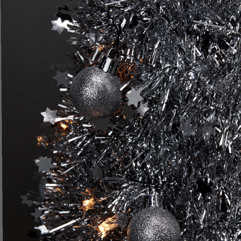 Decoratiune Mini Brad de Craciun cu beteala 20 LED-uri, 50 x 20 cm, plastic, argintiu, lumina alb cald