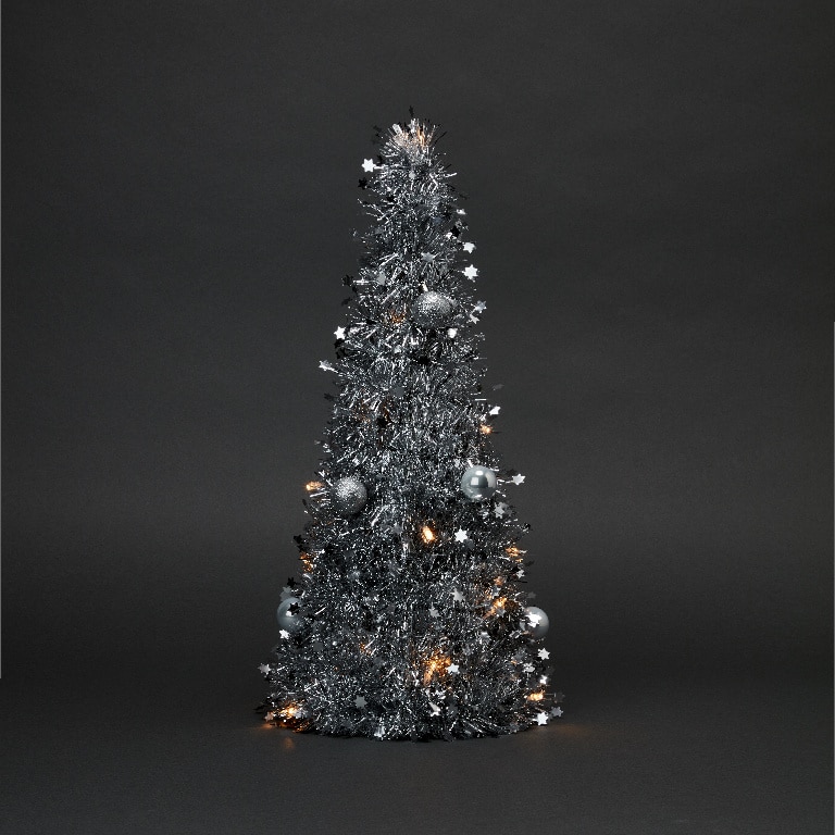 Decoratiune Mini Brad de Craciun cu beteala 20 LED-uri, 50 x 20 cm, plastic, argintiu, lumina alb cald