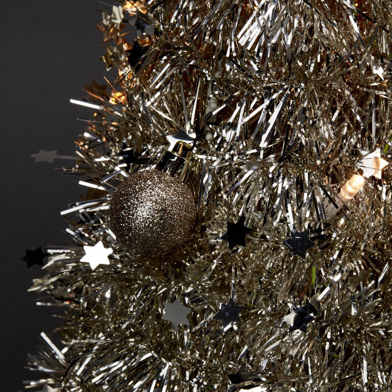 Decoratiune Mini Brad de Craciun cu beteala 20 LED-uri, 50 x 20 cm, plastic, auriu, lumina alb cald