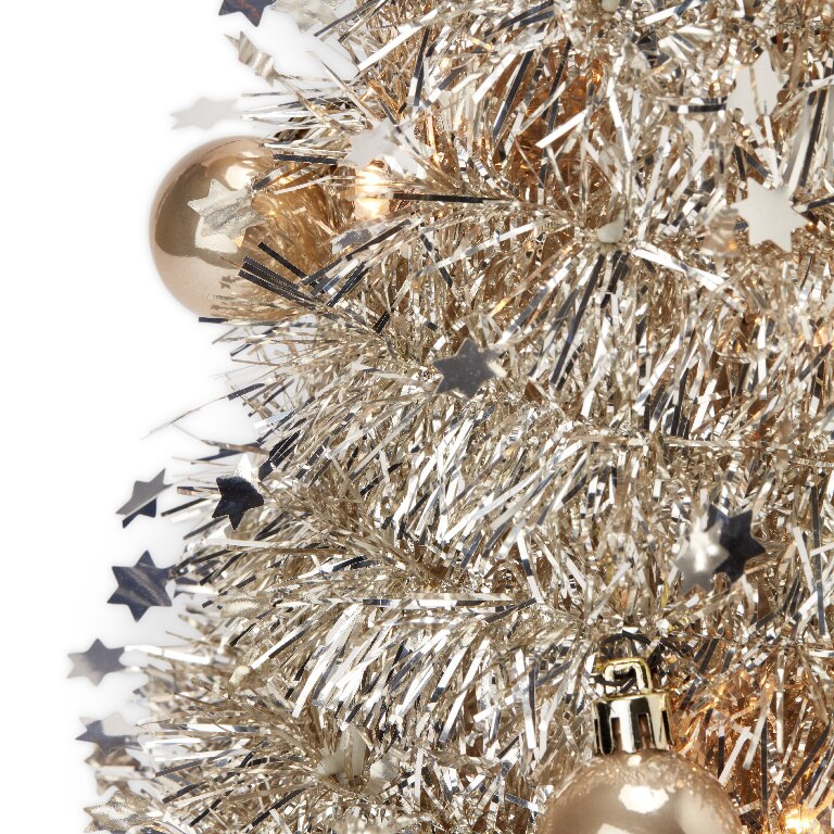 Decoratiune Mini Brad de Craciun cu beteala 20 LED-uri, 50 x 20 cm, plastic, auriu, lumina alb cald