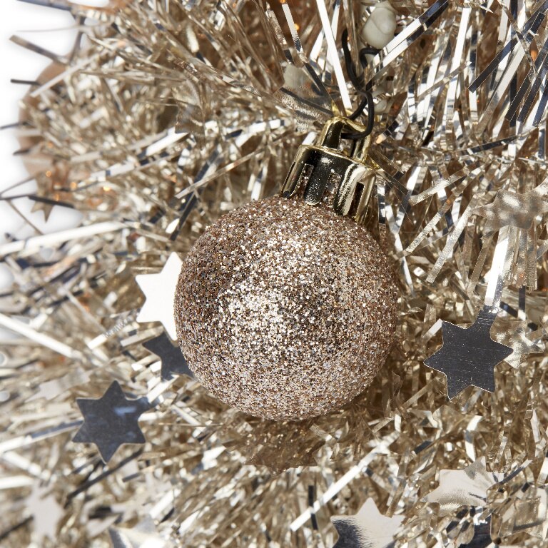 Decoratiune Mini Brad de Craciun cu beteala 20 LED-uri, 50 x 20 cm, plastic, auriu, lumina alb cald