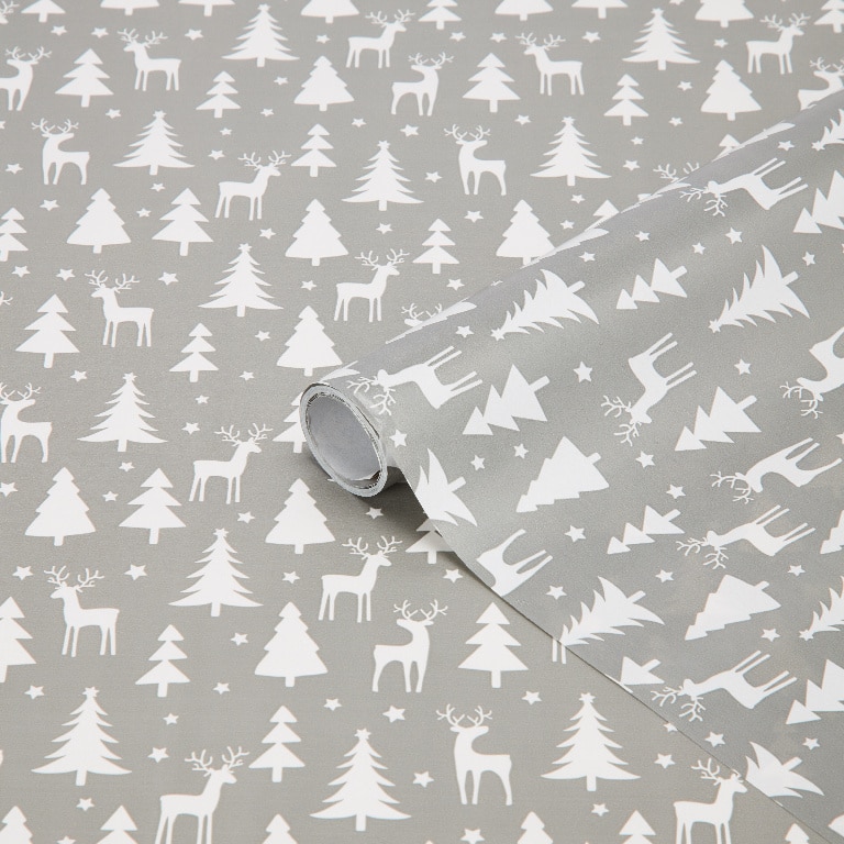 Hartie impachetat cadouri, model cerbi si brazi, gri/alb