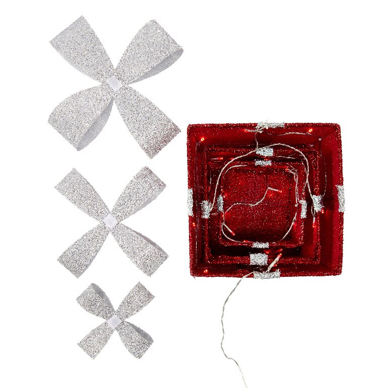 Set decorativ 3 cadouri 40 LED-uri, 25 cm, rosu, lumina alb cald