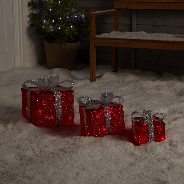 Set decorativ 3 cadouri 40 LED-uri, 25 cm, rosu, lumina alb cald