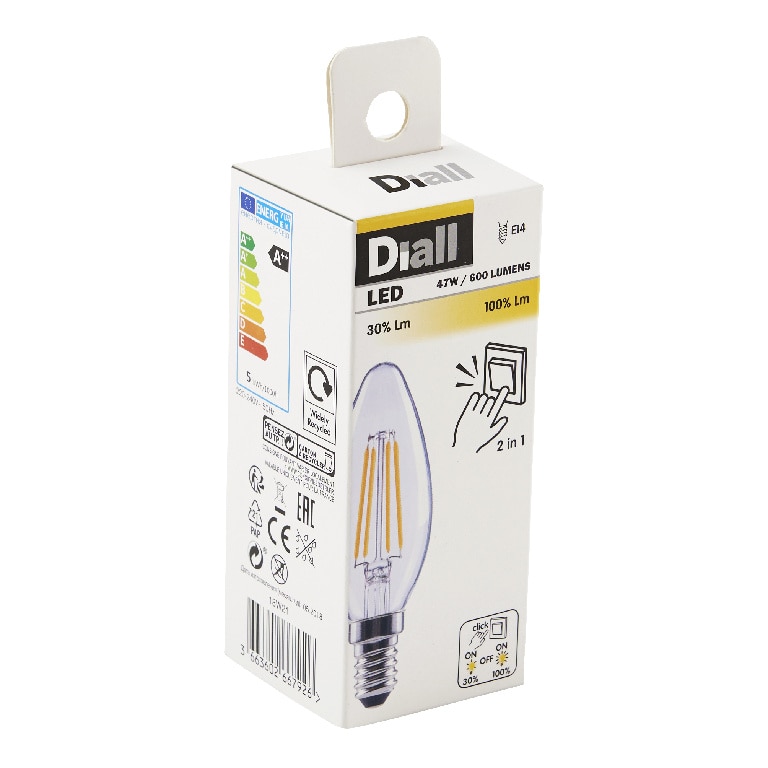 Bec LED, E14, 60W, 2700K, sticla, model lumanare, transparent  Diall