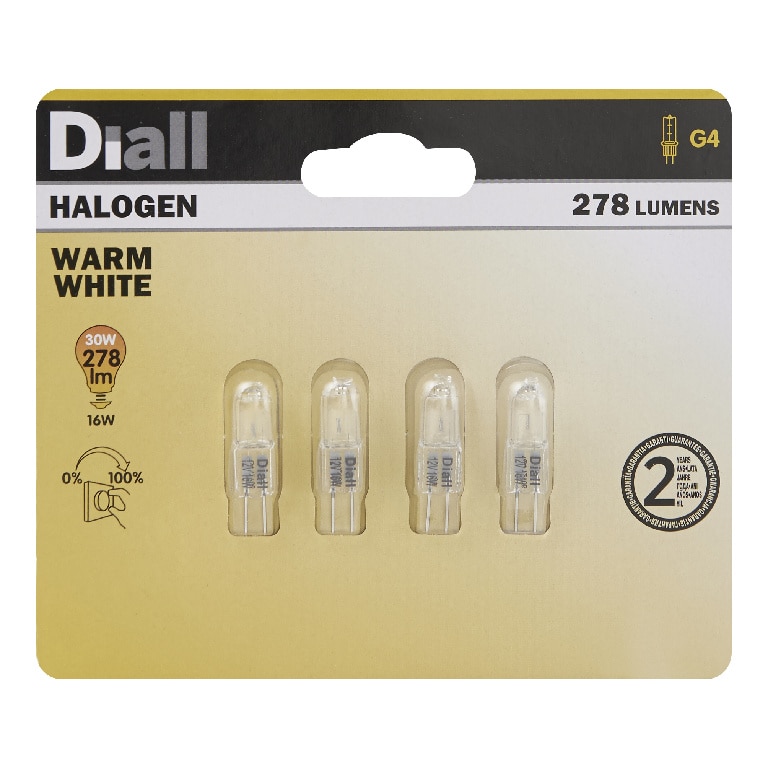Set 4 becuri cu halogen Diall capsula, tip soclu G4, putere 30 W, 3000 K, cu estompare
