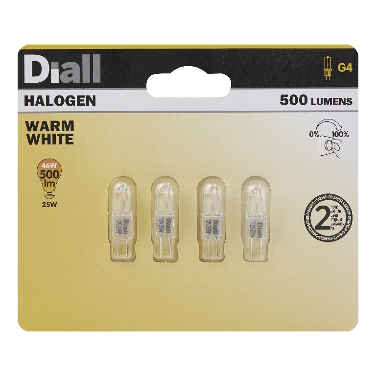 Set 4 becuri cu halogen Diall capsula, tip soclu G4, putere 46 W, 3000 K, cu estompare