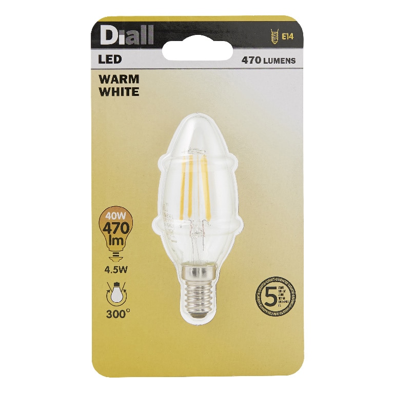 Bec LED, E14, 40W, 2700, sticla clara, model lumanare • Diall