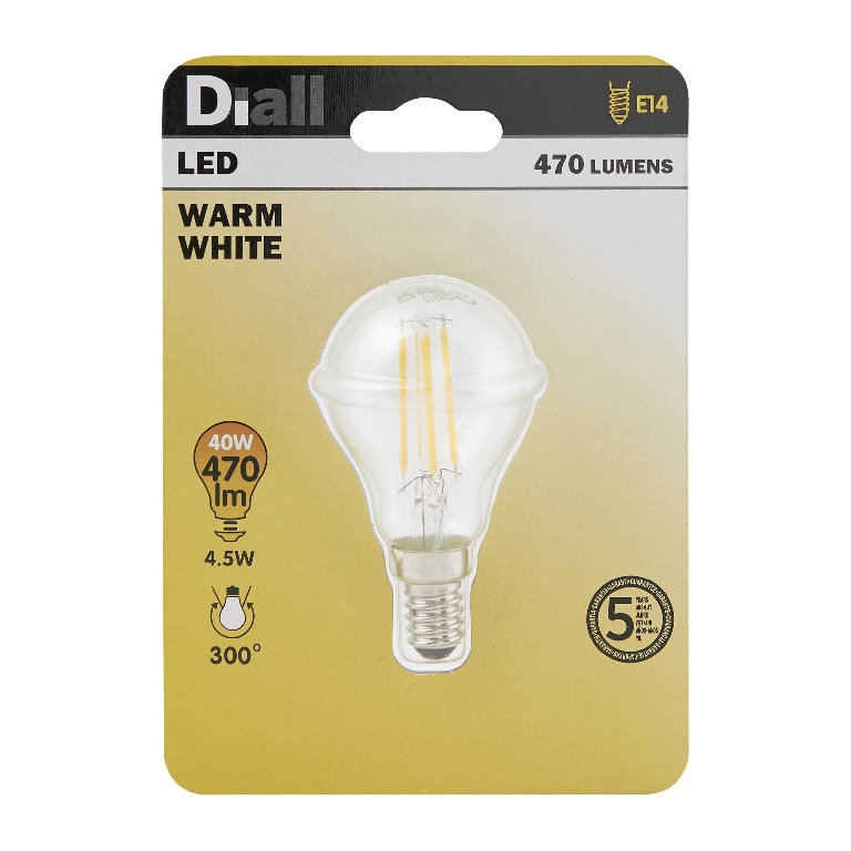 Bec LED, E14, 40W, 2700K, sticla clara, model sferic • Diall
