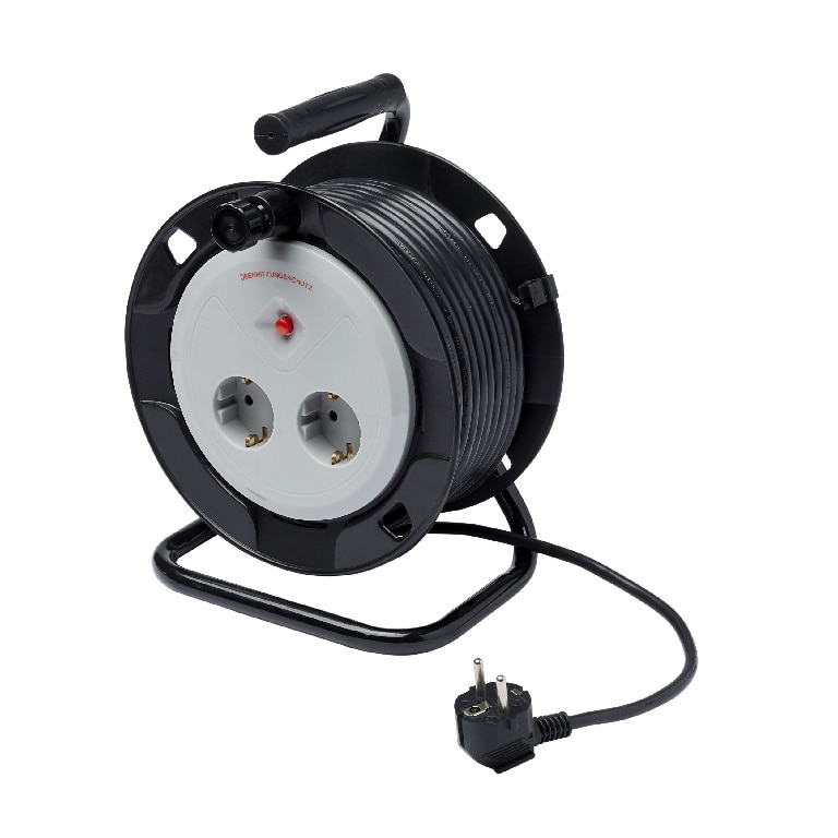 Prelungitor pe tambur 2 prize, 16A 15 m, negru/gri