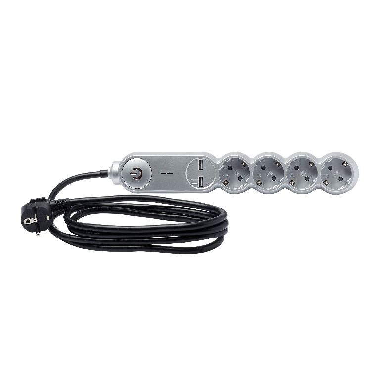 Prelungitor 4 prize, cu comutator, 2 porturi USB, gri, 16 A, 1.5 mmp x 2 m  Diall