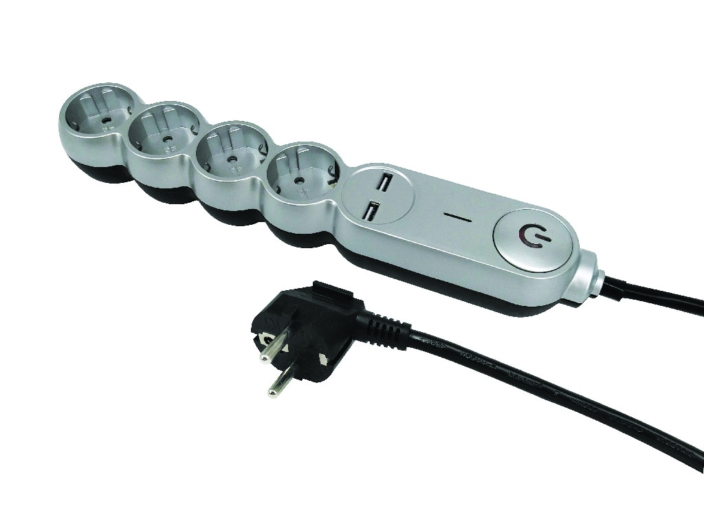 Prelungitor 4 prize, cu comutator, 2 porturi USB, gri, 16 A, 1.5 mmp x 2 m  Diall