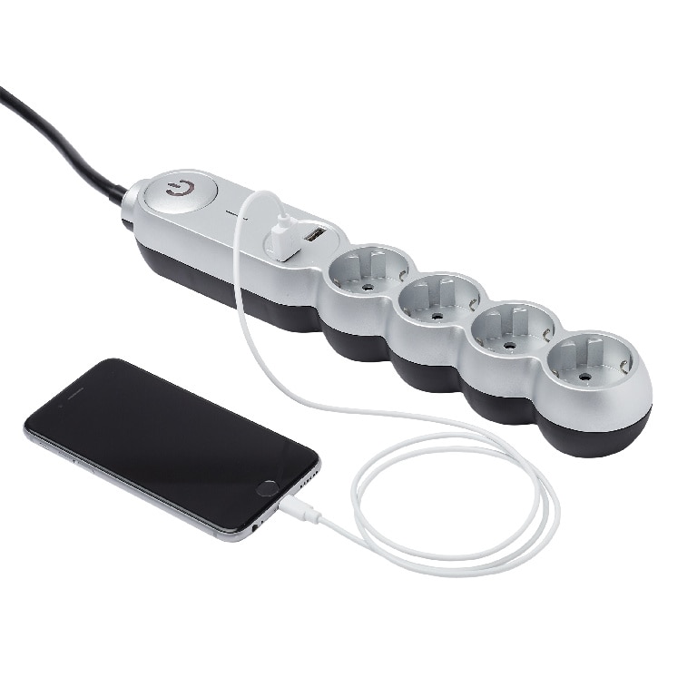 Prelungitor 4 prize, cu comutator, 2 porturi USB, gri, 16 A, 1.5 mmp x 2 m  Diall