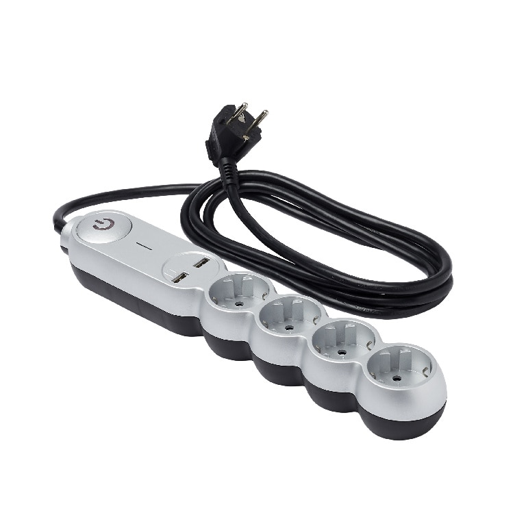 Prelungitor 4 prize, cu comutator, 2 porturi USB, gri, 16 A, 1.5 mmp x 2 m  Diall