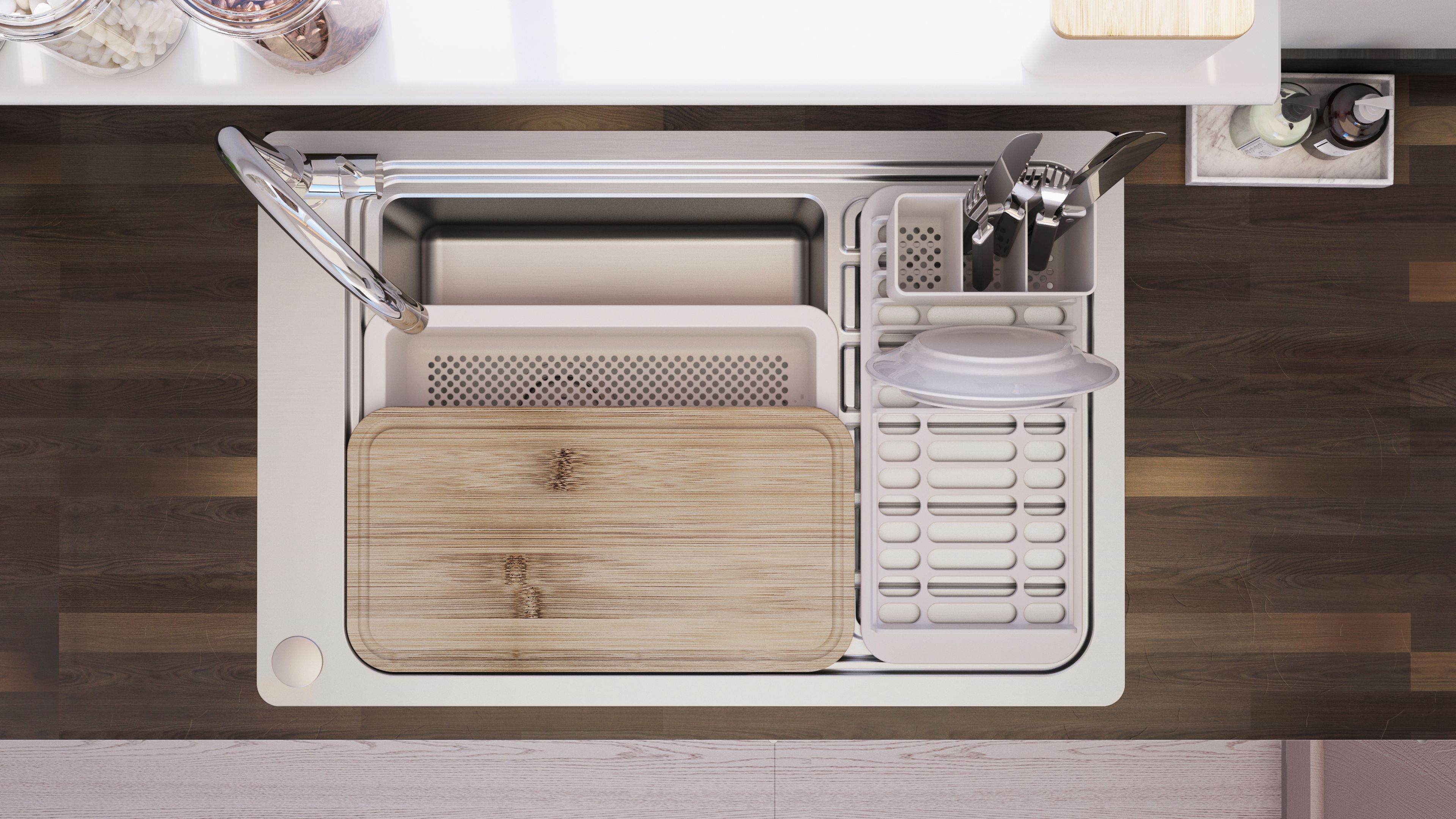 Chiuveta bucatarie GOODHOME Romesco, 1 cuva, picurator reversibil, accesorii, inox