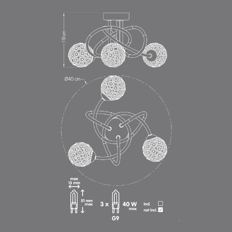 Plafoniera transparenta, 3 x 40 W, argintiu, otel si sticla Colours Mantus