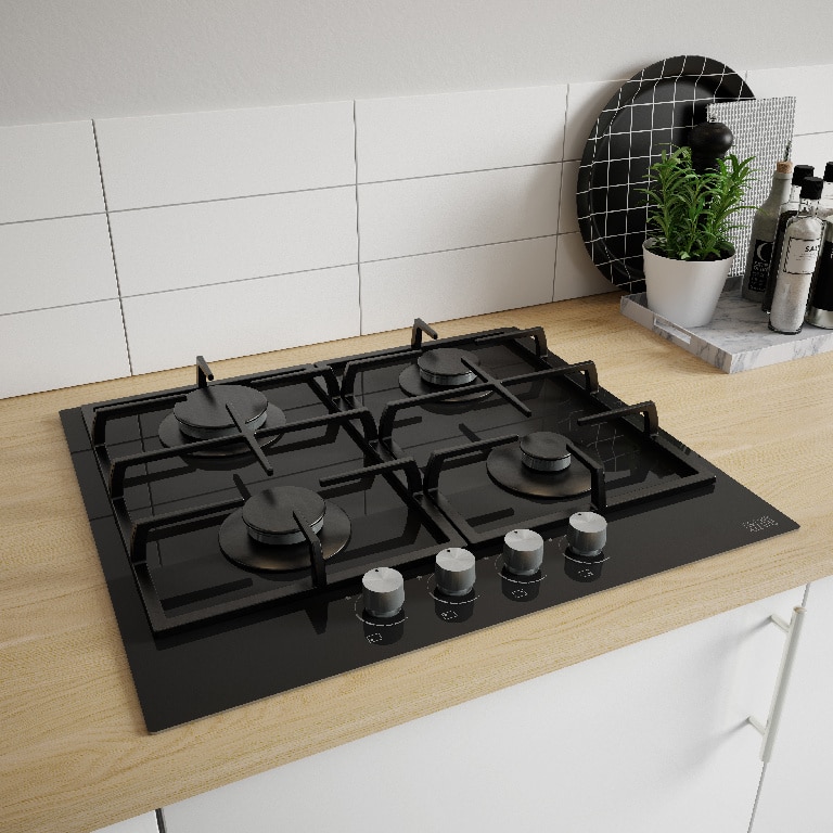 Plita pe gaz, 4 arzatoare, sticla, negru • Cooke & Lewis