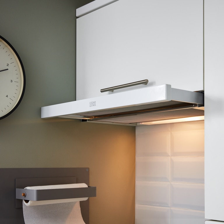 Hota telescopica din otel, 60 cm, culoare alb, clasa energetica C 